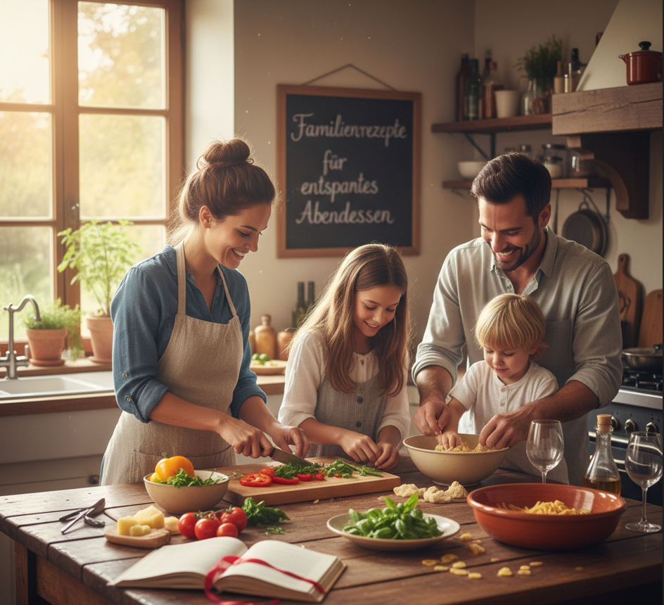 Familie kocht zusammen entspanntes Abendessen