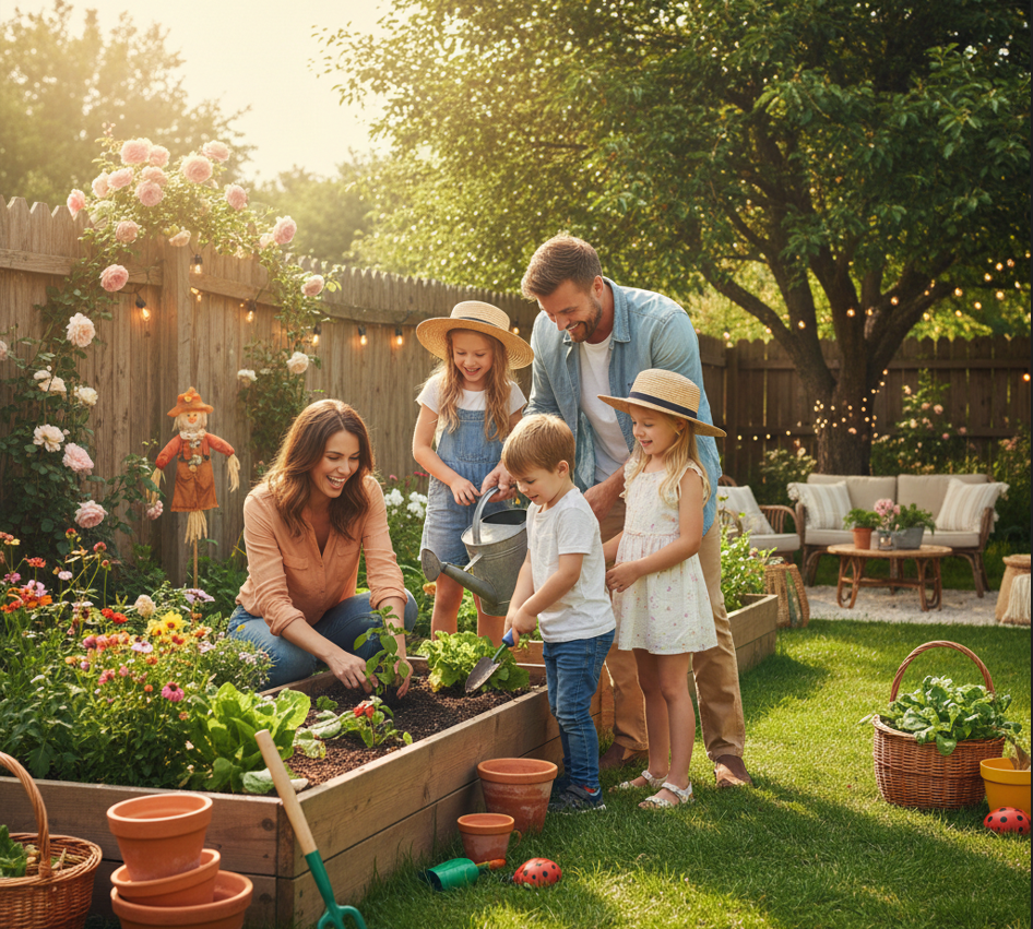 Familie zusammem im Garten Aktivitäten