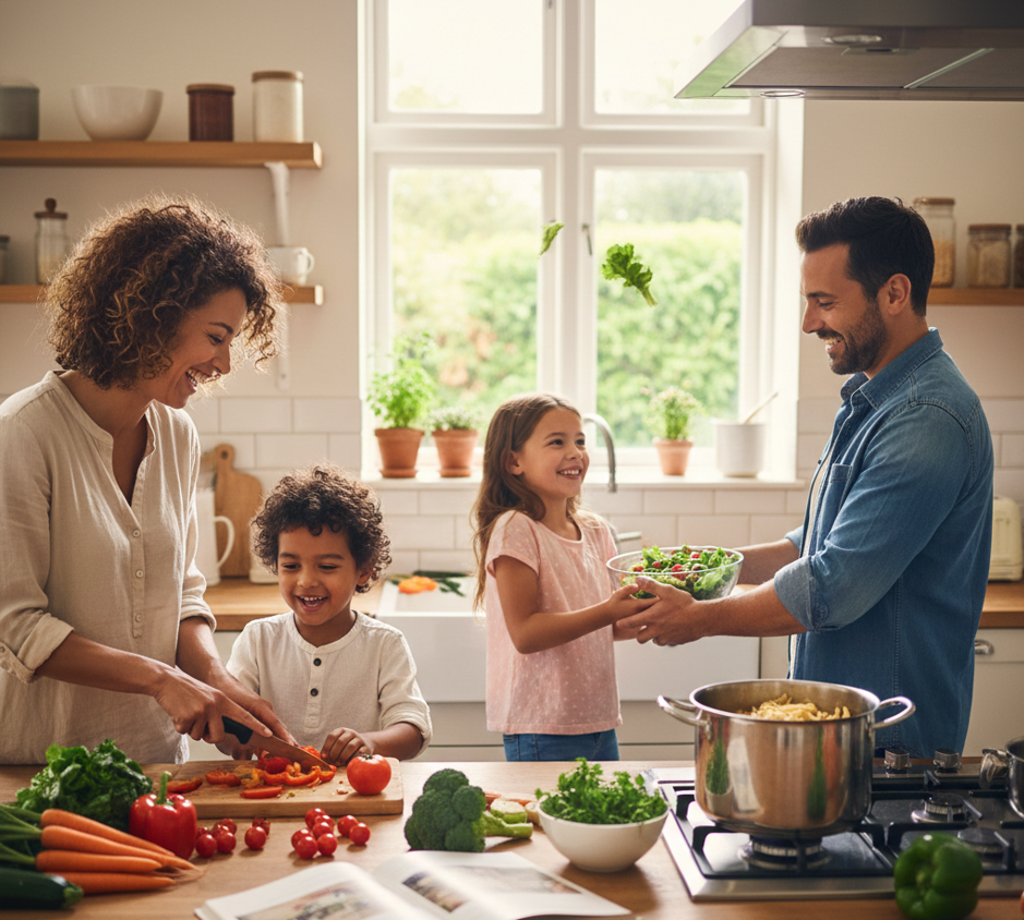 Familie kocht zusammen Gemüse essen
