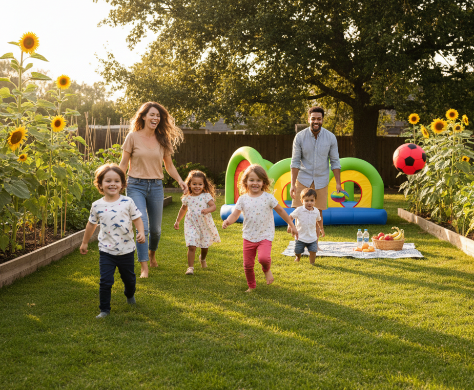 Familie spielt draussen Bewegung multikulturelle Familie