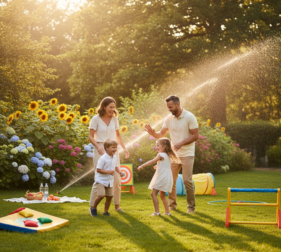 Bewegungsspiele Familie spielt im Garten