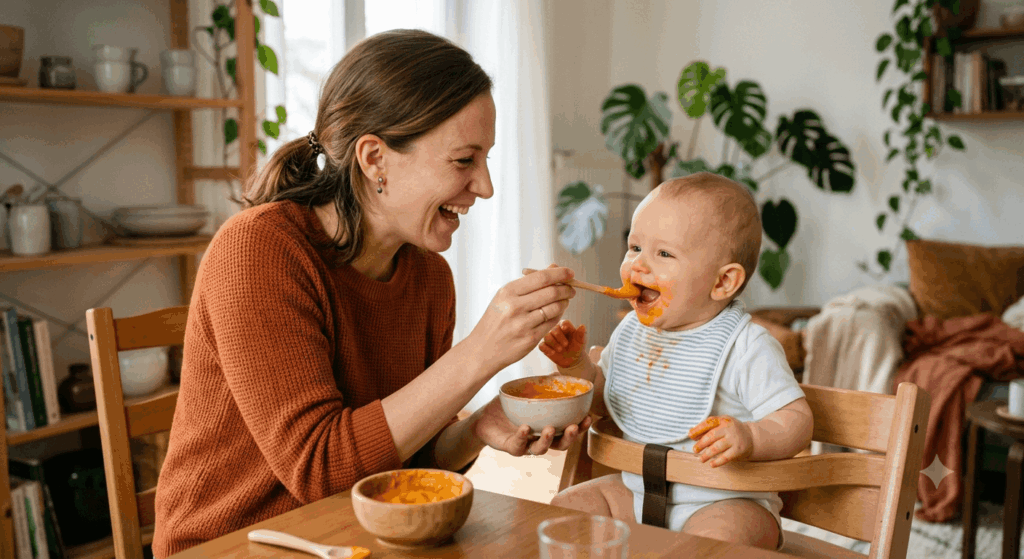 Glückliche Mutter füttert Baby mit Karottenbrei kommandokarottenbrei.de Sidebar
